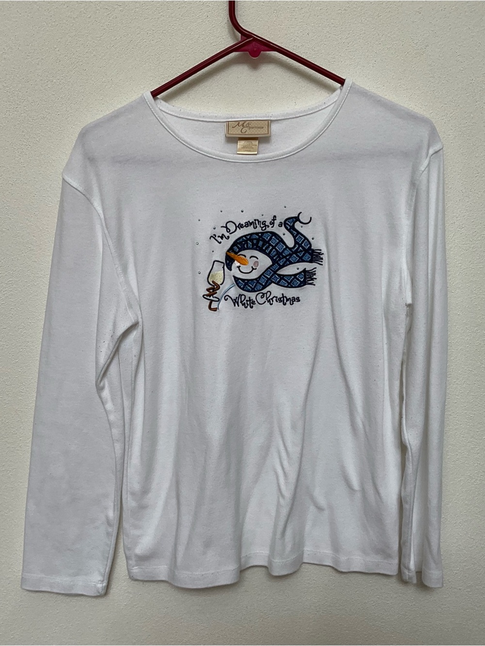 M & C Sportswear White Longsleeve Snowman Wine Graphic Size Large Christmas
